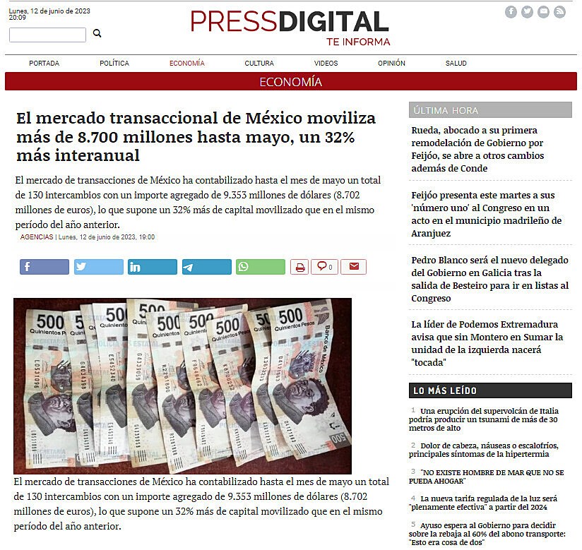 El mercado transaccional de Mxico moviliza ms de 8.700 millones hasta mayo, un 32% ms interanual